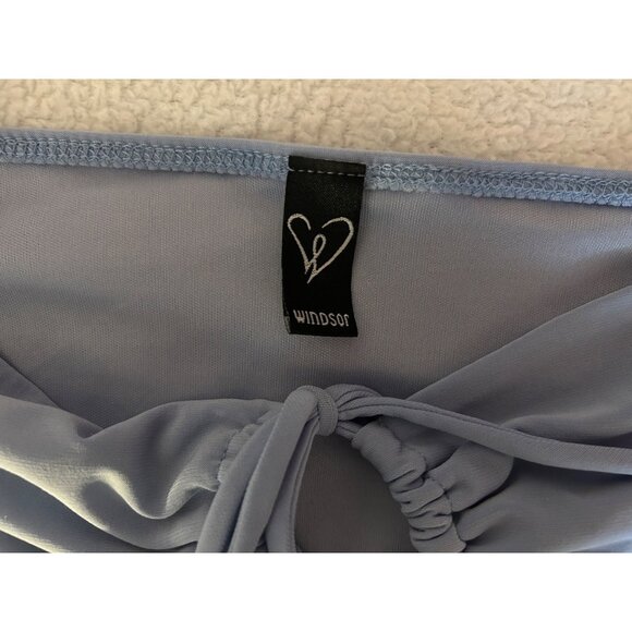 Windsor Blue Ruched Bodycon Sz S Mini Dress Puff Sleeve Square Neck Tie Front Pa - Picture 5 of 9